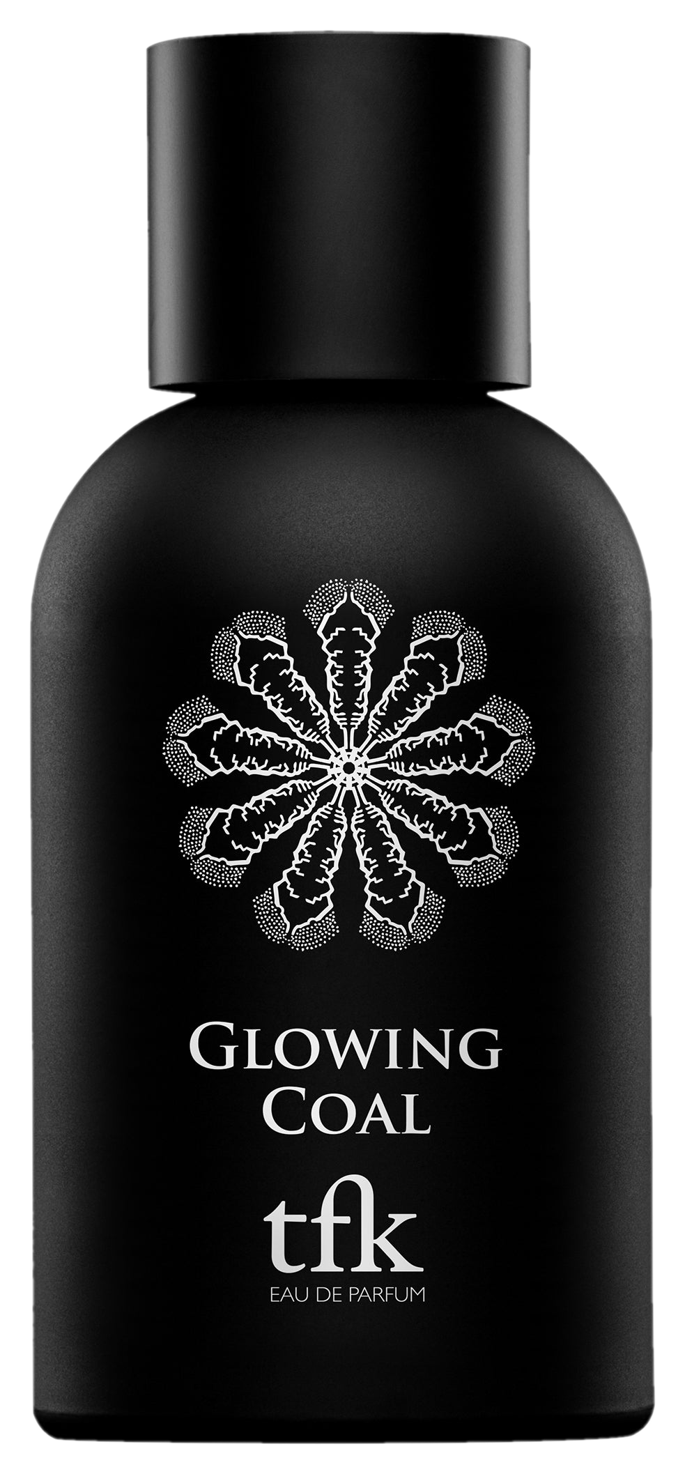 Glowing Coal eau de parfum, matte black 100 ml bottle with the silver TFK rosette